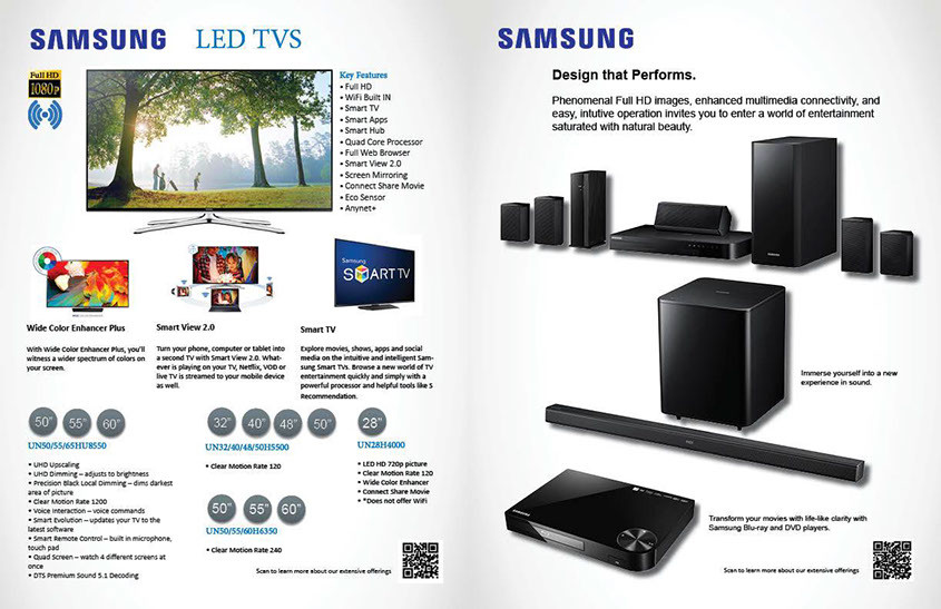 samsung led tv and home theater product catalog pages with key features